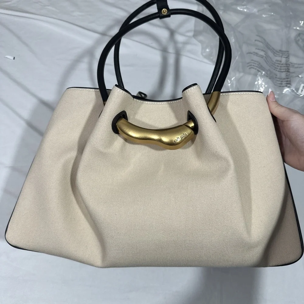 NWT $598 Cult Gaia‎ ASA Canvas & Leather Satchel Large Bag in Beach Nude
